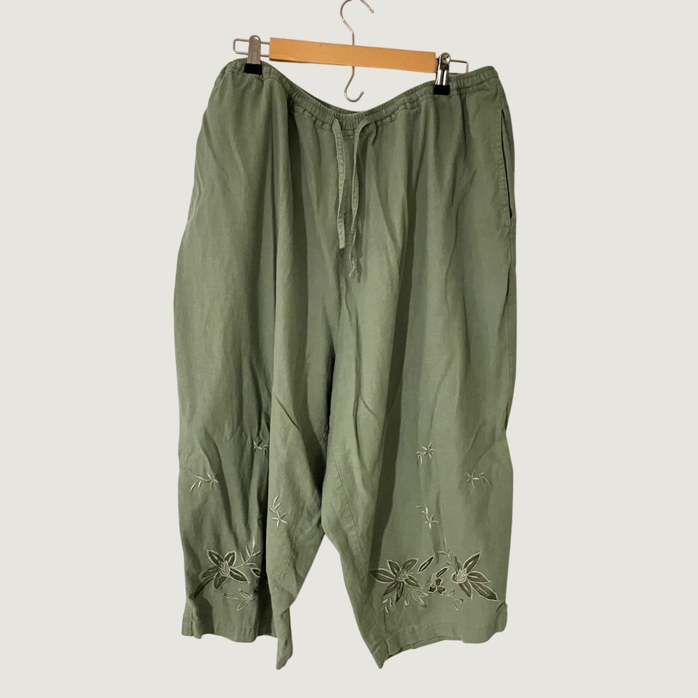 Fashion Bug Sage Green Linen Blend Embroidered Crop Pants Plus Size 22/24